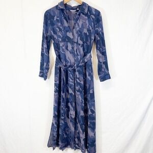 Soft Surroundings Blue Camo Shirt Dress Maxi Length Waist Tie Size PM